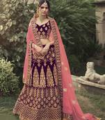 Wine dori, zari and thread embroidered with stone work satin Semi Stitched Lehenga