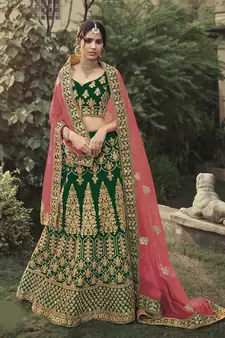 Dark-green dori, zari and thread embroidered with stone work satin semi stitched lehenga