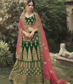 Dark-green dori, zari and thread embroidered with stone work satin Semi Stitched Lehenga