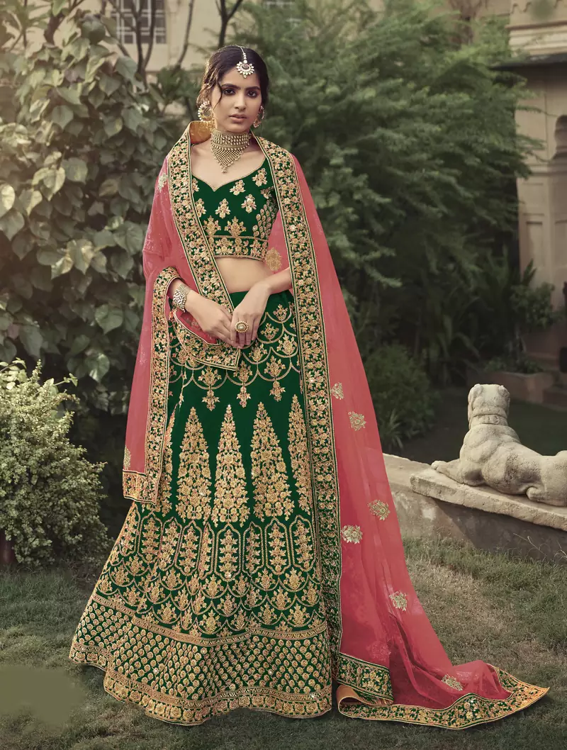 Dark-green dori, zari and thread embroidered with stone work satin semi stitched lehenga