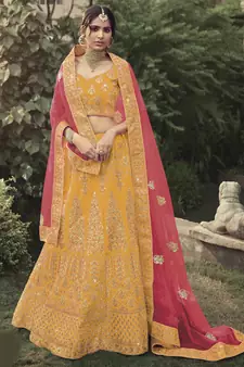 Yellow dori, zari and thread embroidered with stone work satin semi stitched lehenga