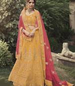 Yellow dori, zari and thread embroidered with stone work satin Semi Stitched Lehenga