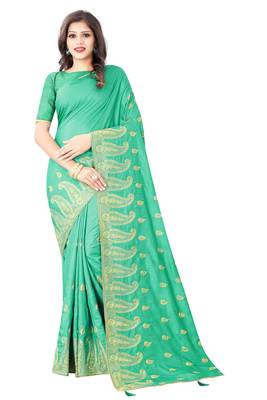 Light green vichitra silk embriodered saree with blouse piece. 1
