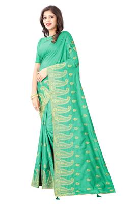 Light green vichitra silk embriodered saree with blouse piece. 2