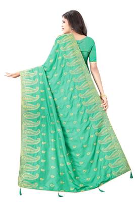 Light green vichitra silk embriodered saree with blouse piece. 3
