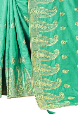 Light green vichitra silk embriodered saree with blouse piece. 4