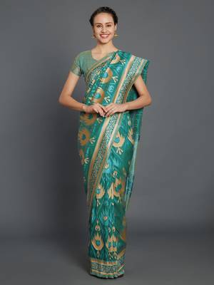 Sareemall Teal Green Wedding Silk Blend Banarasi Saree With Unstitched Blouse 1