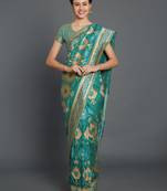 Sareemall Teal Green Wedding Silk Blend Banarasi Saree With Unstitched Blouse