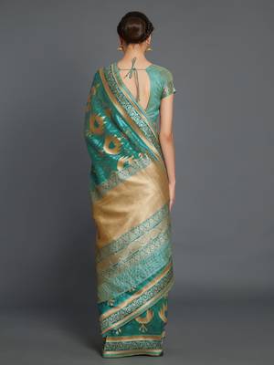 Sareemall Teal Green Wedding Silk Blend Banarasi Saree With Unstitched Blouse 2