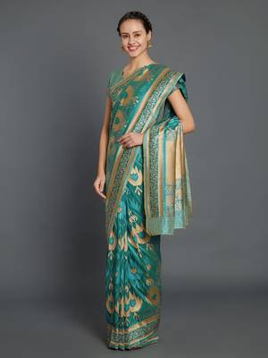 Sareemall Teal Green Wedding Silk Blend Banarasi Saree With Unstitched Blouse 5