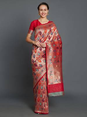 Sareemall Red Wedding Silk Blend Banarasi Saree With Unstitched Blouse 1