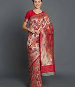 Sareemall Red Wedding Silk Blend Banarasi Saree With Unstitched Blouse