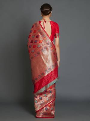 Sareemall Red Wedding Silk Blend Banarasi Saree With Unstitched Blouse 2