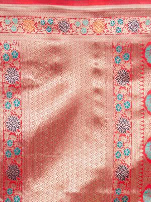 Sareemall Red Wedding Silk Blend Banarasi Saree With Unstitched Blouse 3