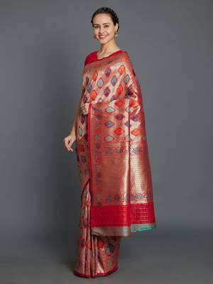 Sareemall Red Wedding Silk Blend Banarasi Saree With Unstitched Blouse 5