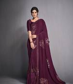 Wine embroidered lycra saree with blouse