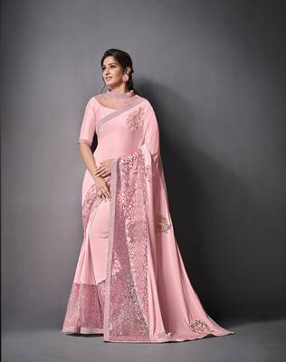Pink embroidered lycra saree with blouse 1