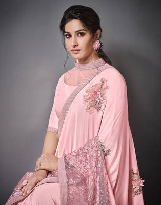 Pink embroidered lycra saree with blouse 2