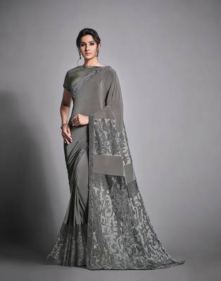 Grey embroidered lycra saree with blouse 1