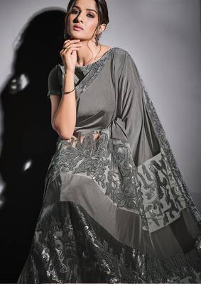 Grey embroidered lycra saree with blouse 2