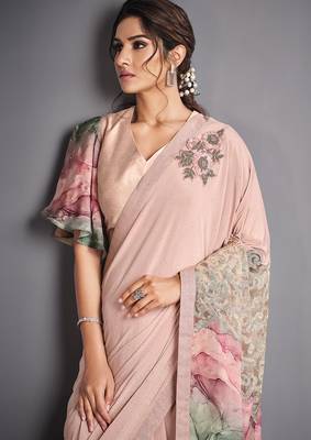 Pink embroidered lycra saree with blouse 2