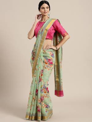 Sareemall Green Festive Linen Jari Border Printed Saree With Unstitched Blouse 1