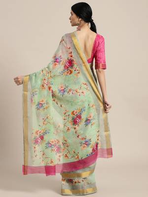 Sareemall Green Festive Linen Jari Border Printed Saree With Unstitched Blouse 2