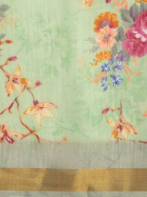 Sareemall Green Festive Linen Jari Border Printed Saree With Unstitched Blouse 3