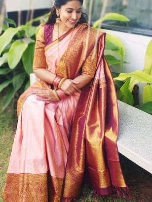 Pink woven banarasi silk saree with blouse 3