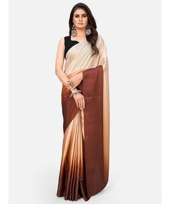 brown &beige striped satin saree 1