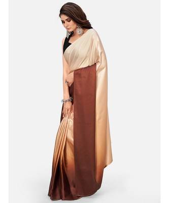 brown &beige striped satin saree 3