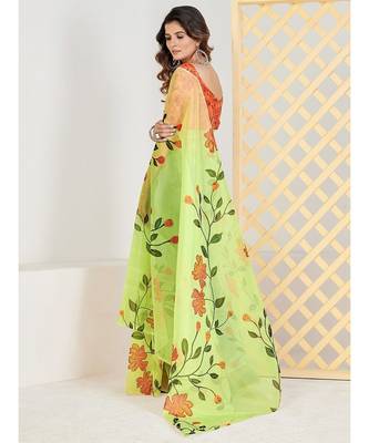 Lime Green & Red Floral Printed Organza Saree 2