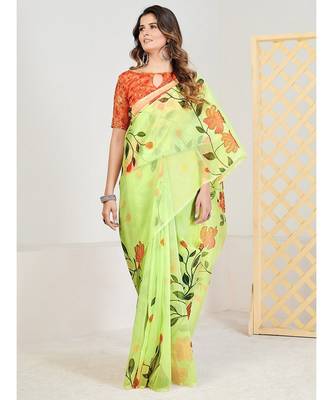 Lime Green & Red Floral Printed Organza Saree 3