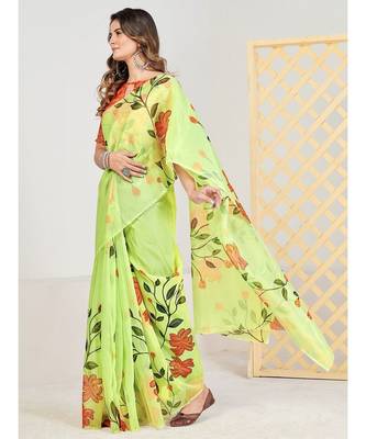 Lime Green & Red Floral Printed Organza Saree 4