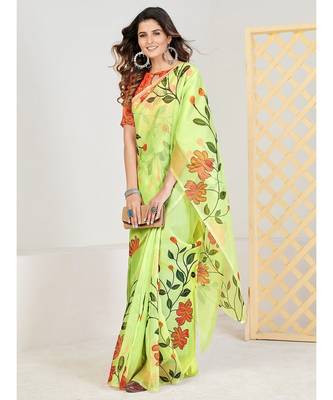 Lime Green & Red Floral Printed Organza Saree 1