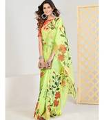 Lime Green & Red Floral Printed Organza Saree