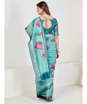 Turquoise Blue Floral Printed Linen Blend Saree 2