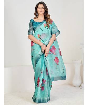 Turquoise Blue Floral Printed Linen Blend Saree 1