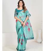 Turquoise Blue Floral Printed Linen Blend Saree