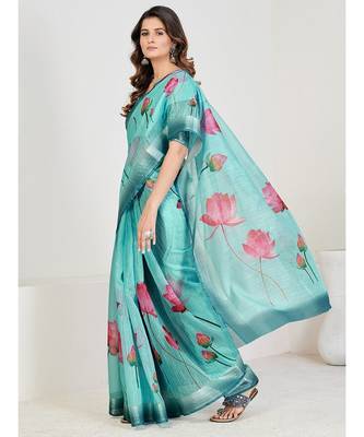 Turquoise Blue Floral Printed Linen Blend Saree 3