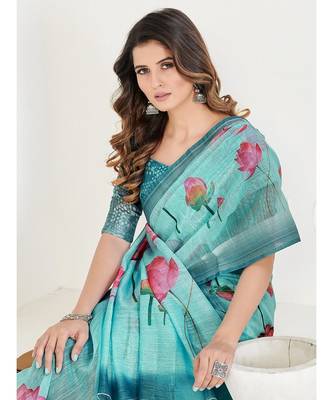 Turquoise Blue Floral Printed Linen Blend Saree 4