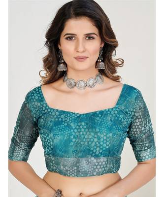 Turquoise Blue Floral Printed Linen Blend Saree 5