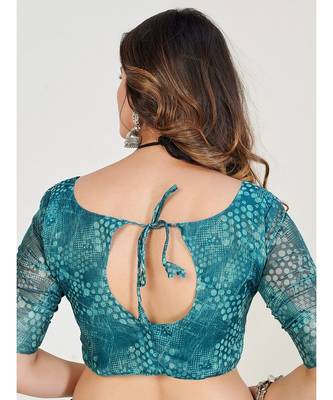 Turquoise Blue Floral Printed Linen Blend Saree 6