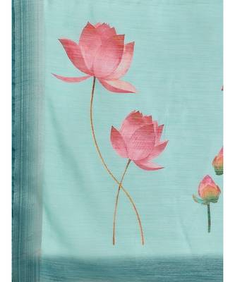 Turquoise Blue Floral Printed Linen Blend Saree 7