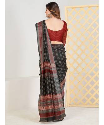 Black & red Ethnic Motifs  Zari Pure Linen Fusion Saree 2