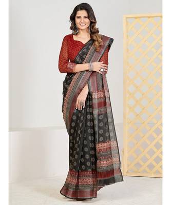 Black & red Ethnic Motifs  Zari Pure Linen Fusion Saree 3