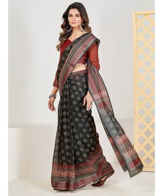 Black & red Ethnic Motifs  Zari Pure Linen Fusion Saree 1