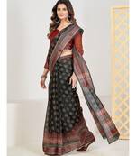 Black & red Ethnic Motifs  Zari Pure Linen Fusion Saree