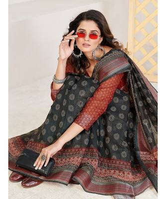 Black & red Ethnic Motifs  Zari Pure Linen Fusion Saree 4