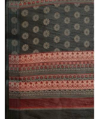 Black & red Ethnic Motifs  Zari Pure Linen Fusion Saree 7